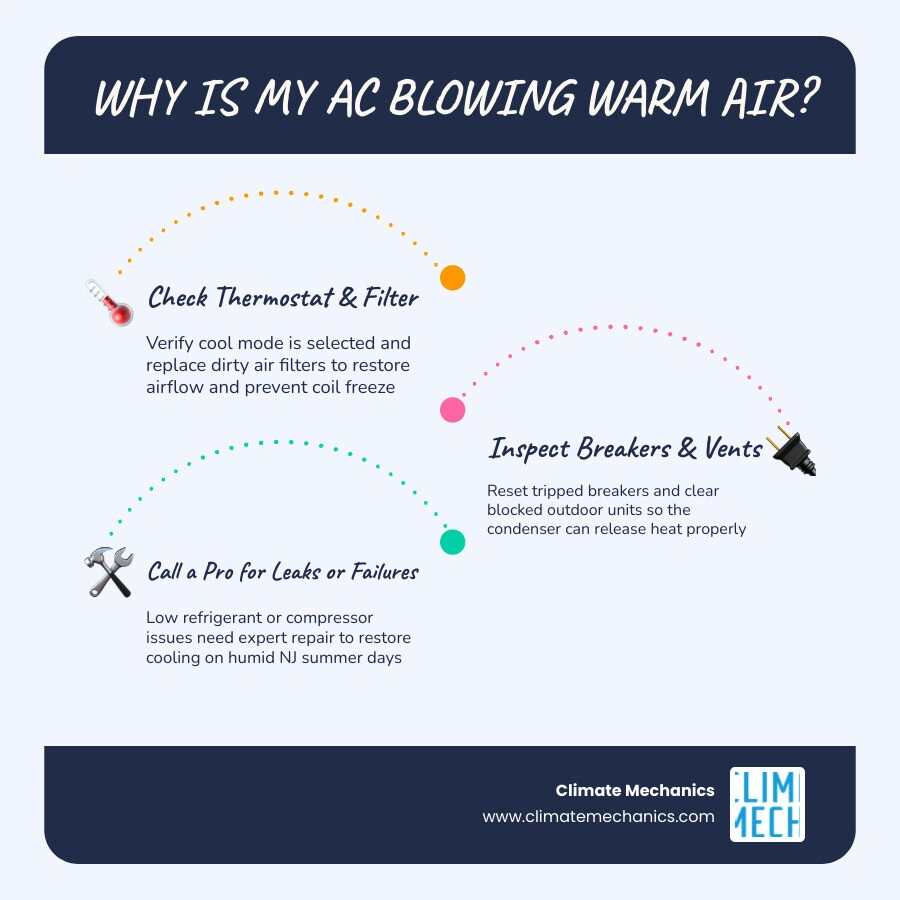 Infographic showing 7 reasons AC blows warm air on a hot humid New Jersey day with quick fixes infographic