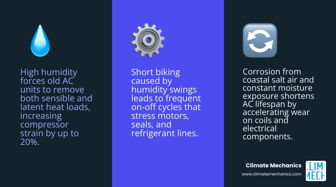 Infographic showing how high humidity forces an old AC to work harder, key damage points, and degradation timeline in New