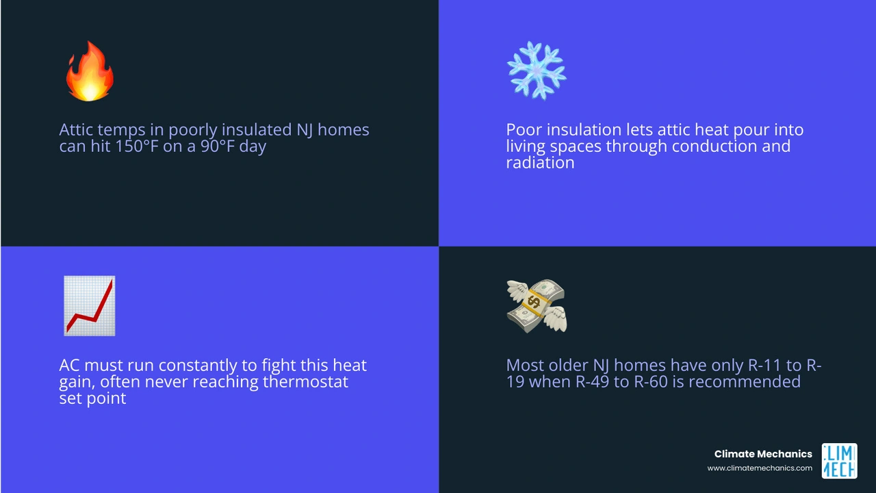 Infographic showing how attic heat transfers through ceiling into living spaces and forces AC to run longer infographic
