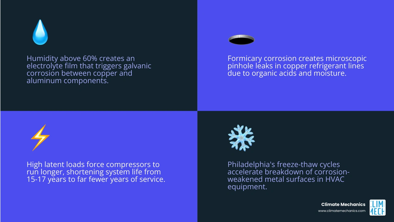 Infographic showing how Philadelphia's humidity damages HVAC components from coils to electrical boards infographic Infographic showing how Philadelphia's humidity damages HVAC components from coils to electrical boards infographic