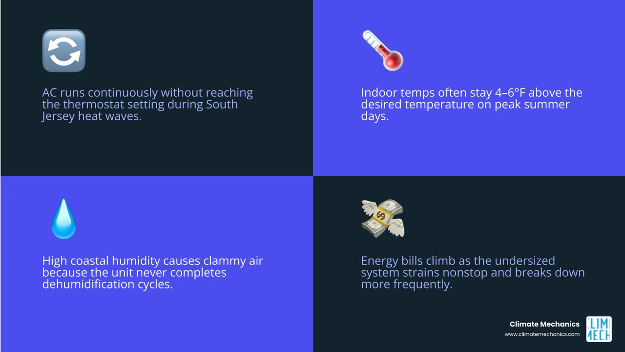 Infographic showing 7 undersized AC unit signs and problems in a South Jersey home with coastal humidity context infographic Infographic showing 7 undersized AC unit signs and problems in a South Jersey home with coastal humidity context infographic