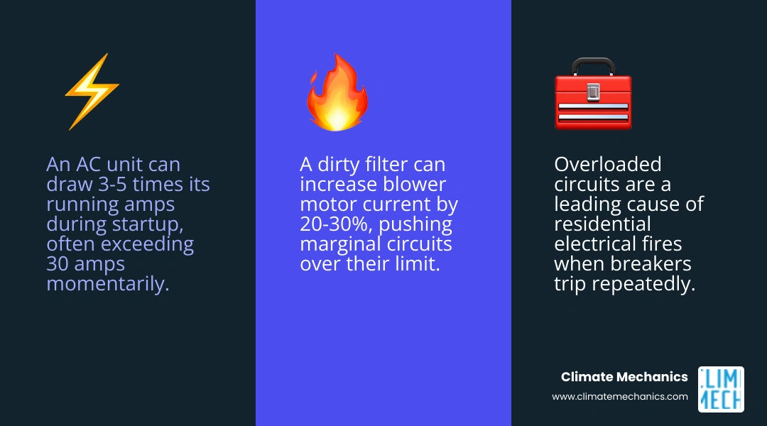 Infographic showing how AC startup current draw causes circuit breaker trips in South Jersey homes infographic Infographic showing how AC startup current draw causes circuit breaker trips in South Jersey homes infographic