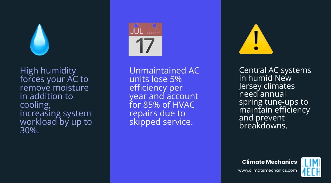 Infographic showing how New Jersey humidity increases AC workload and recommended service frequency by system type Infographic showing how New Jersey humidity increases AC workload and recommended service frequency by system type