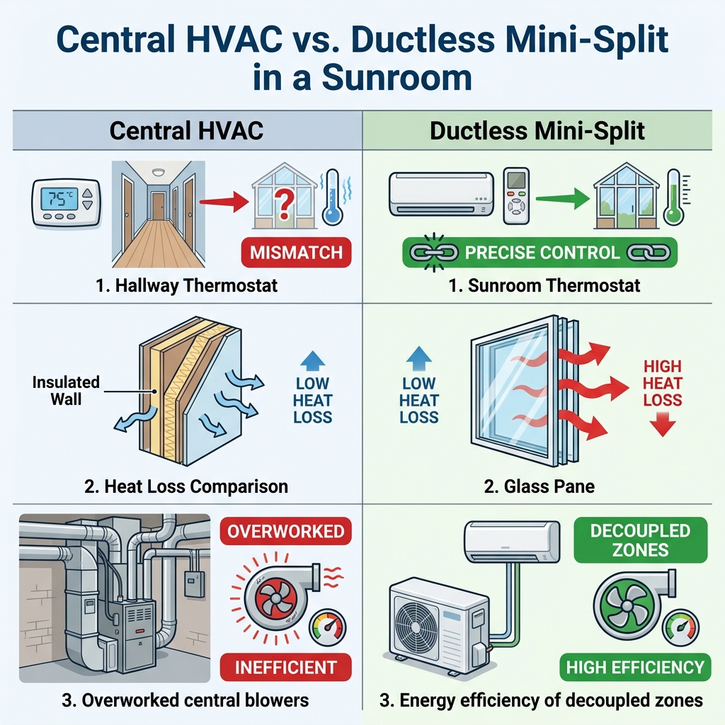 Central HVAC vs. Ductless Mini-Split in a Sunroom