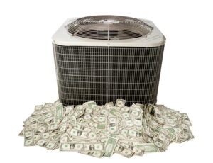 Outdoor air conditioner condenser sitting on a pile of dollar bills