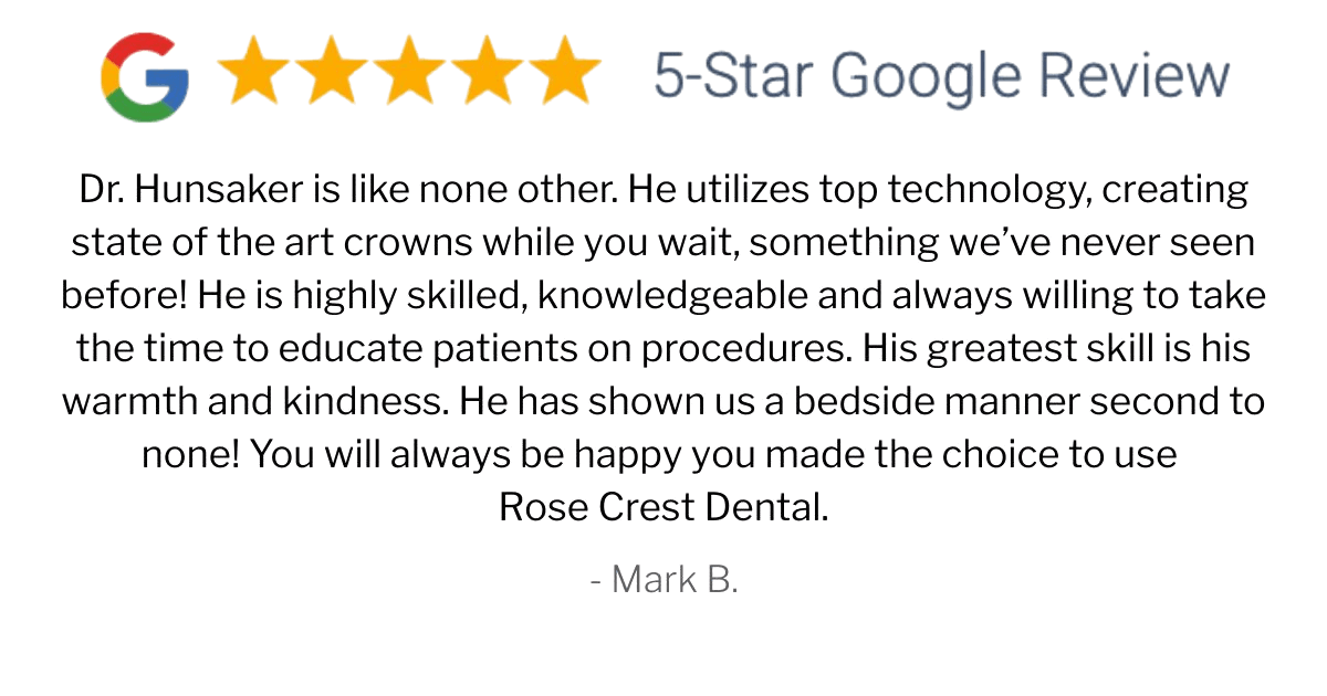 Top rated Chandler dentist — Rose Crest Dental 5-star Google review praising friendly, caring staff and comfortable office.