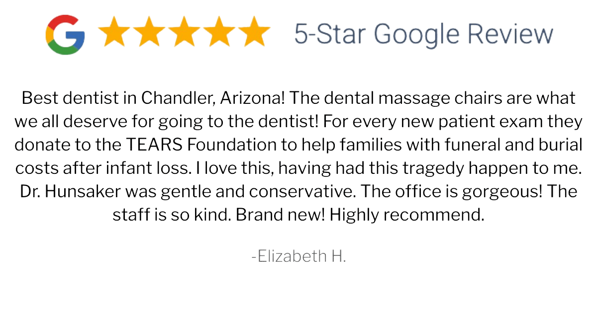 Top rated Chandler dentist — 5-star review for Rose Crest Dental highlighting expert dental implant care, comfortable massage chairs, and compassionate staff.