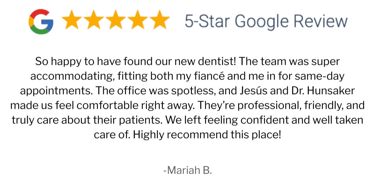 5-star Google review for Rose Crest Dental in Chandler, AZ, highlighting same-day appointments, spotless office, and friendly care from Dr. Hunsaker and team. Top-rated family and pediatric dentist providing professional, compassionate dental care for new patients.