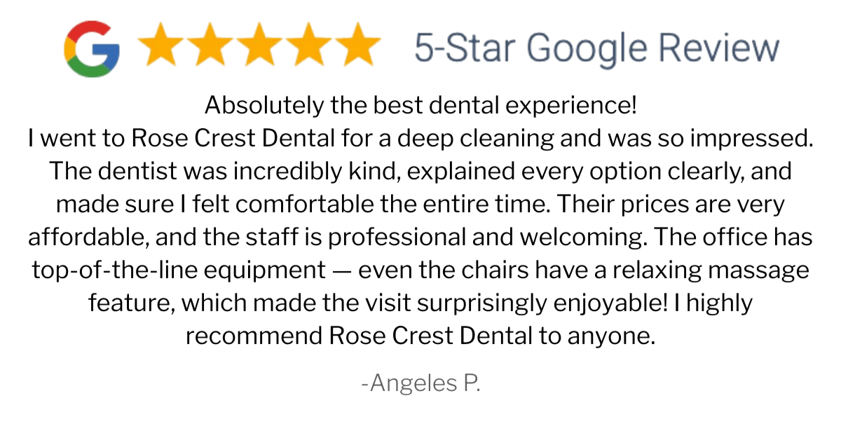 5-star Google review for Rose Crest Dental, top-rated dentist in Chandler, AZ. Patient praises affordable prices, gentle deep cleaning, advanced technology, and relaxing massage chairs. Professional, welcoming staff and modern office. Accepting new patients from Chandler, Gilbert, Mesa, Tempe, and Queen Creek.