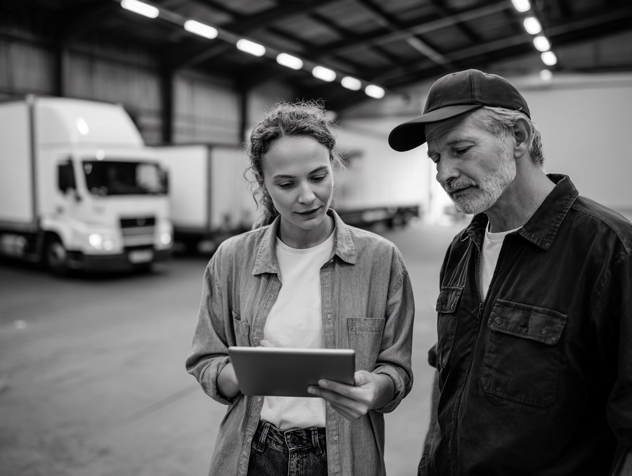 Two logistics workers inside a warehouse, a woman holding and looking at a tablet while a man wearing a cap looks on, with delivery trucks in the background.