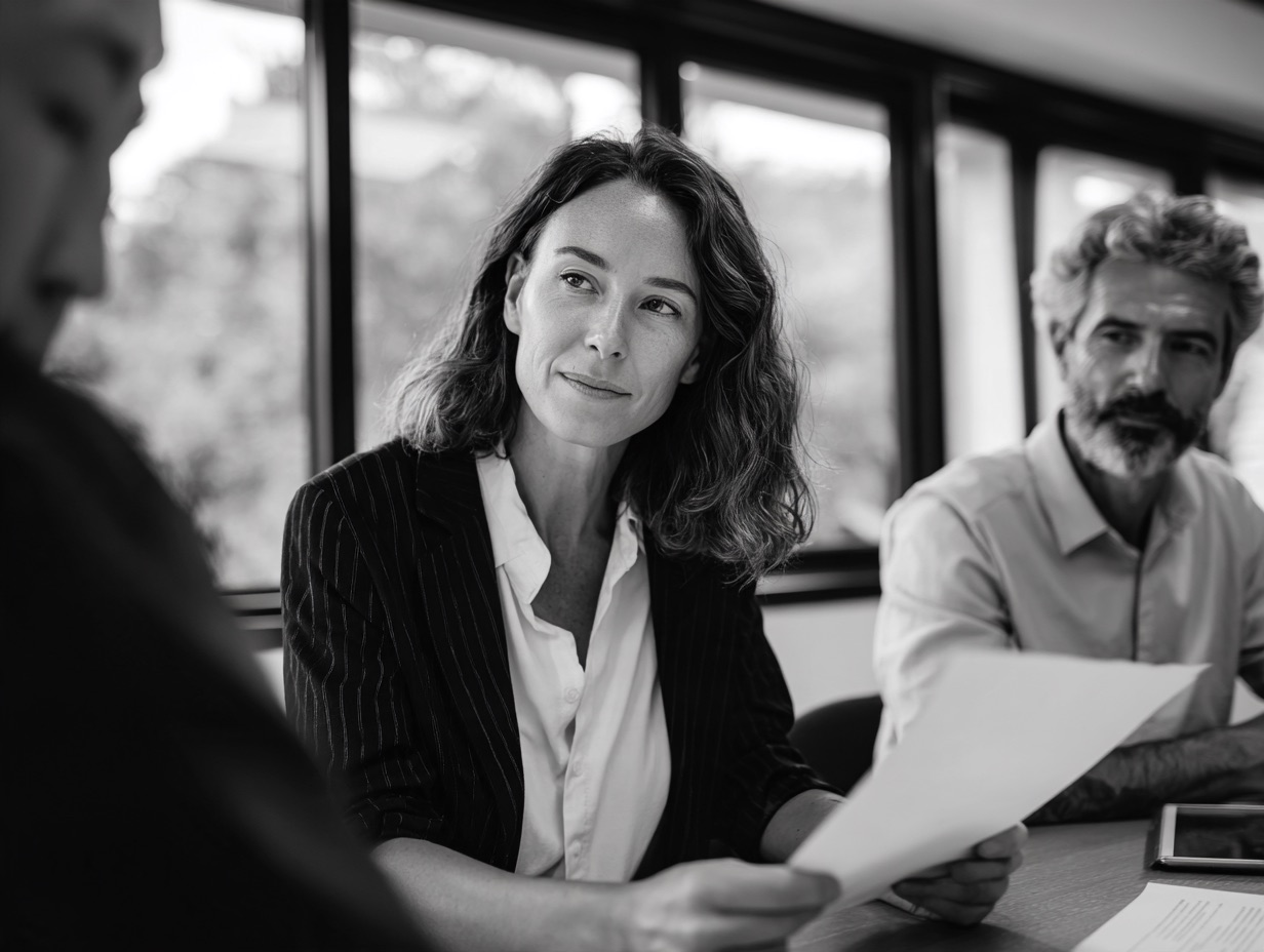 Black and white photo of three people in a meeting room with large windows; a woman in the center holds a sheet of paper and looks attentively to her left, a man with gray hair and beard sits next to her looking in the same direction, and a blurred person is on the left foreground.