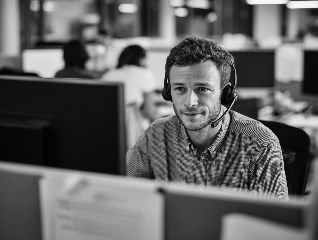 Man wearing headset and checkered shirt working at a computer in an office with other blurred people and monitors in the background.
