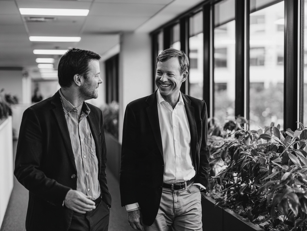 Two men in business casual attire walking and talking by windows with plants inside a modern office corridor.