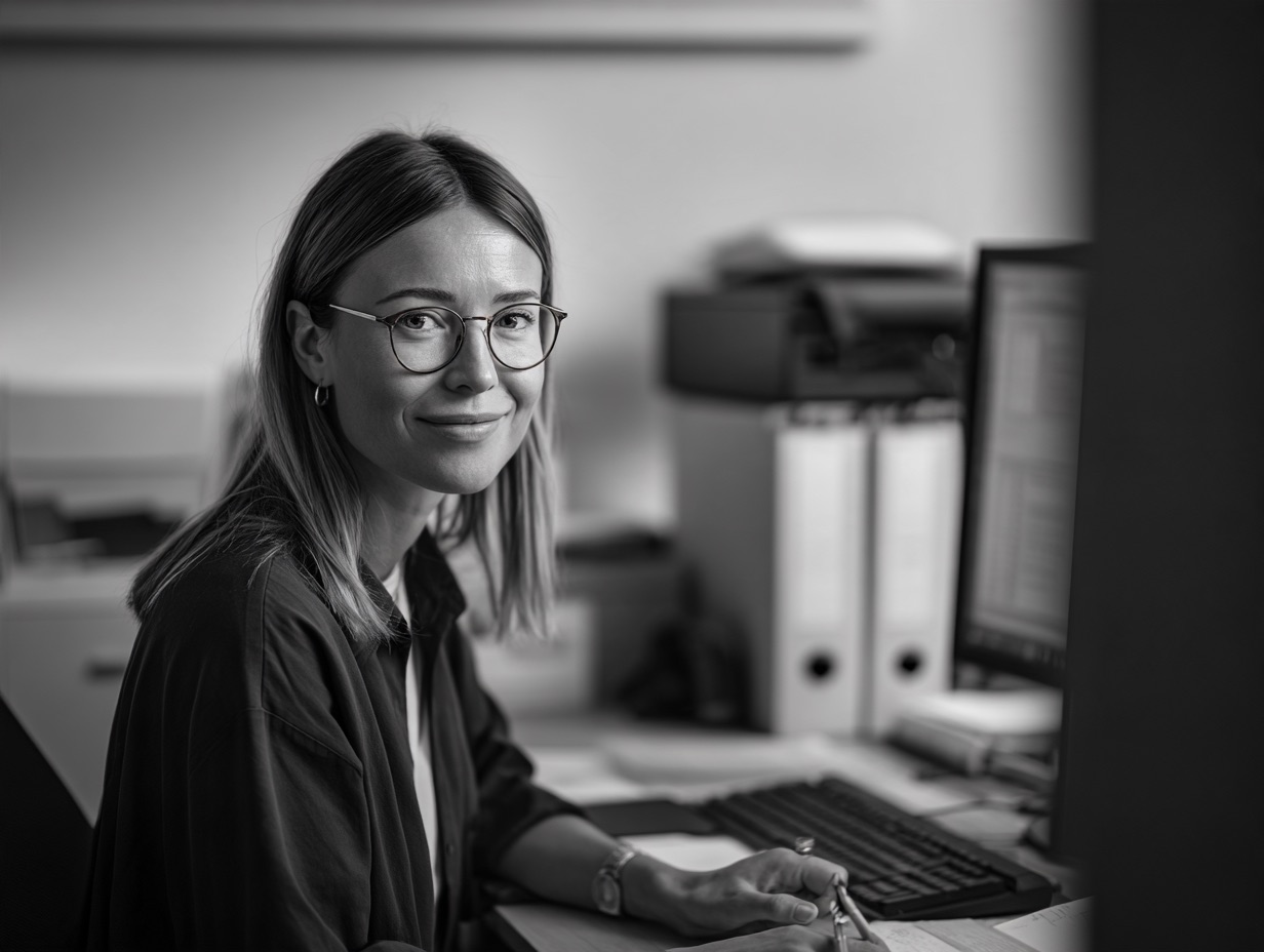 Smiling woman with glasses and shoulder-length hair sitting at a desk, holding a pen, with a computer keyboard and monitor in the background.