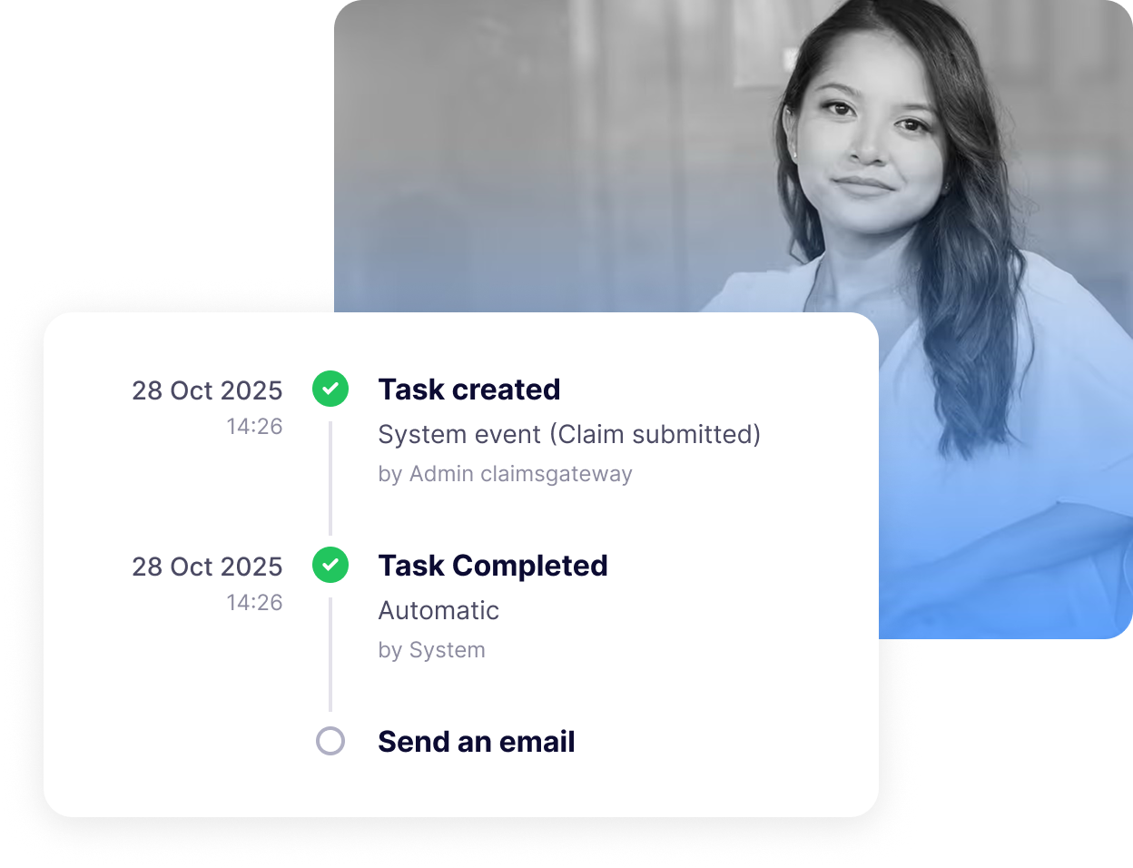 User interface showing task workflow with two completed tasks dated 28 Oct 2025 at 14:26: 'Task created' for a system event (Claim submitted) by Admin claimsgateway, and 'Task Completed' marked automatic by System, followed by a pending task labeled 'Send an email'. A woman with long dark hair, wearing a light-colored top, is in the background, partially visible with a neutral expression.