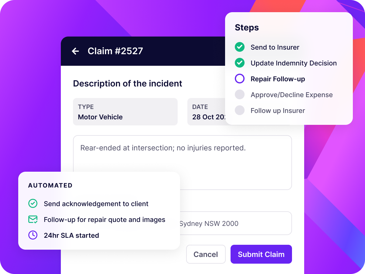 User interface showing Claim #2527 details with incident description: rear-ended at intersection, no injuries reported. Incident type is Motor Vehicle with date 28 Oct 2023. Steps include Send to Insurer and Update Indemnity Decision checked, Repair Follow-up highlighted, Approve/Decline Expense and Follow up Insurer pending. Automated tasks show Send acknowledgement to client and Follow-up for repair quote and images completed, with 24hr SLA started. Buttons for Cancel and Submit Claim are visible.