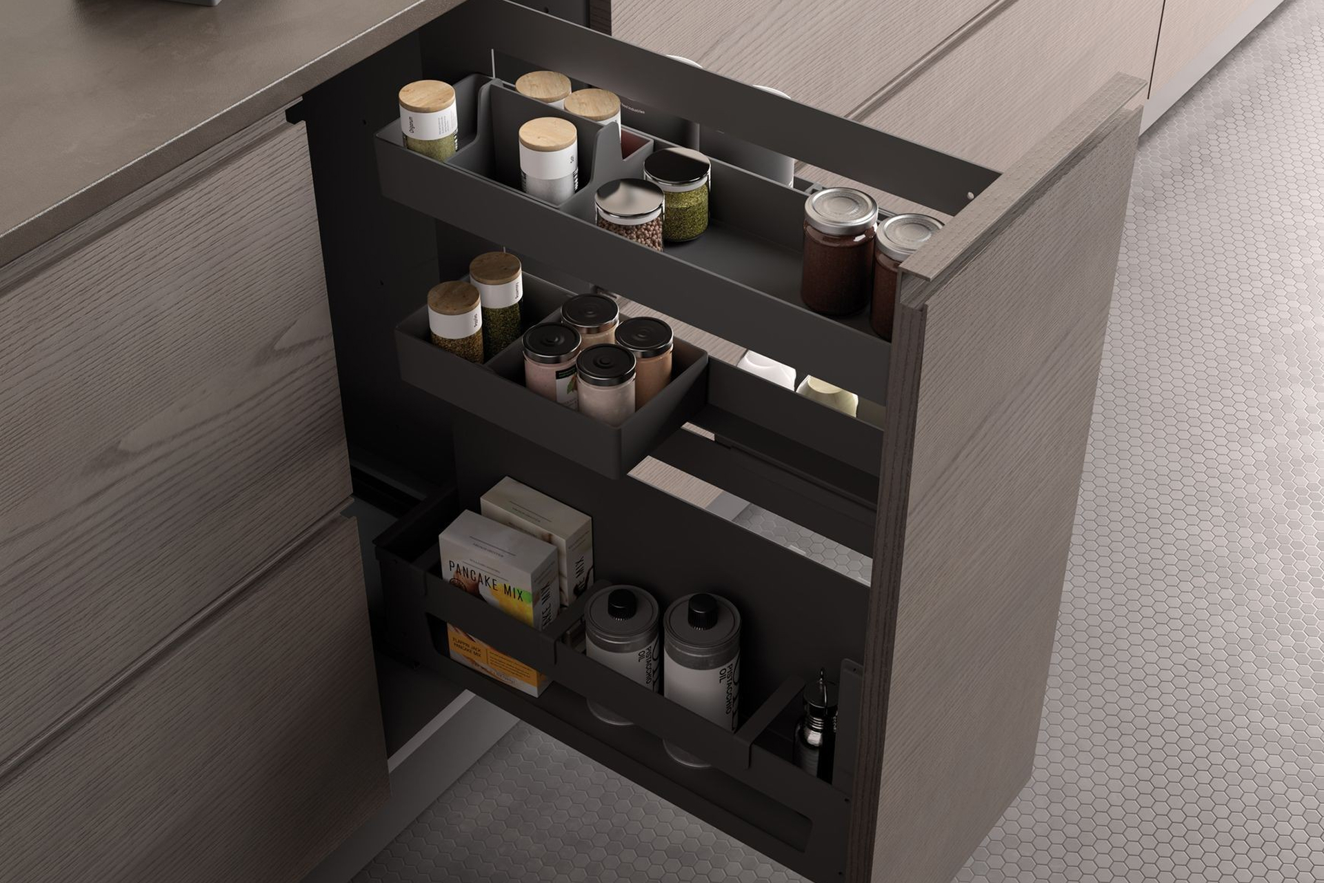 Pull-out kitchen cabinet organiser holding jars, cups and bottles.