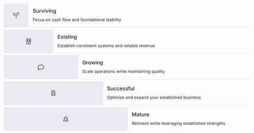 Surviving  Focus on cash flow and foundational stability  Existing  Establish consistent systems and reliable revenue  Growing  Scale operations while maintaining quality  Successful  Optimize and expand your established business  Mature  Reinvent while leveraging established strengths