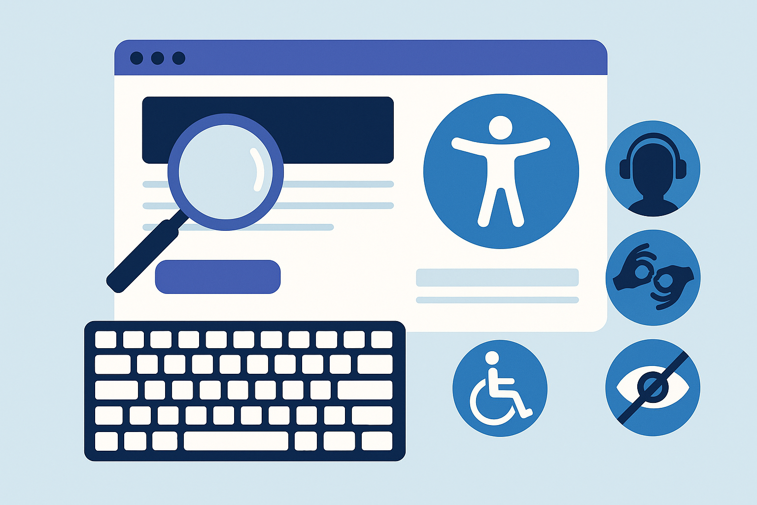 Illustration d’un site web accessible conforme à la loi RGAA 2025 avec icônes d’accessibilité