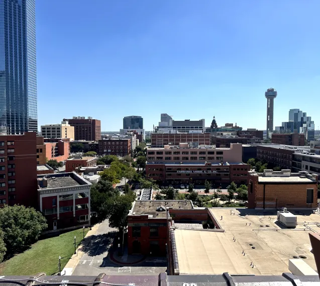 Wide daytime cityscape of Dallas featuring the Reunion Tower with a clear blue sky.