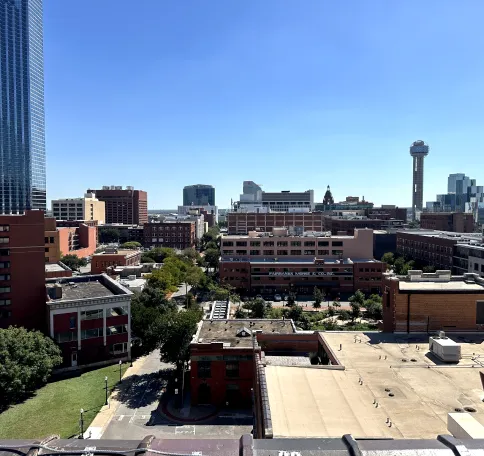 Skyline view of downtown Dallas with Reunion Tower and surrounding buildings under a clear blue sky.