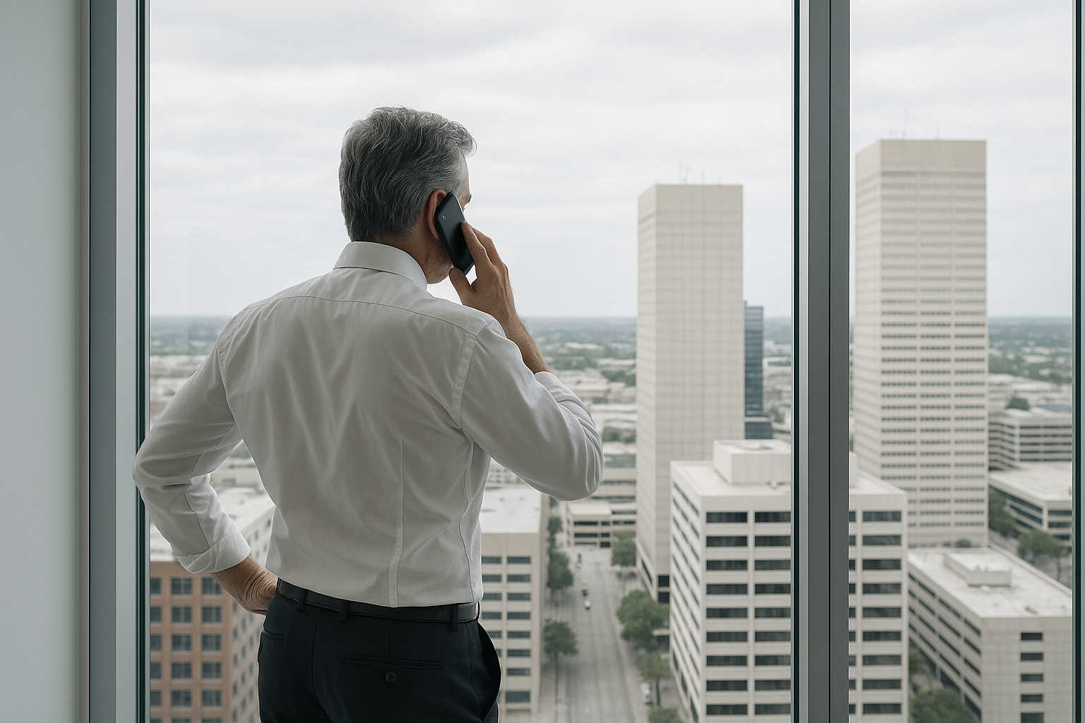 Man in white shirt talking on phone while looking out office window at city buildings.