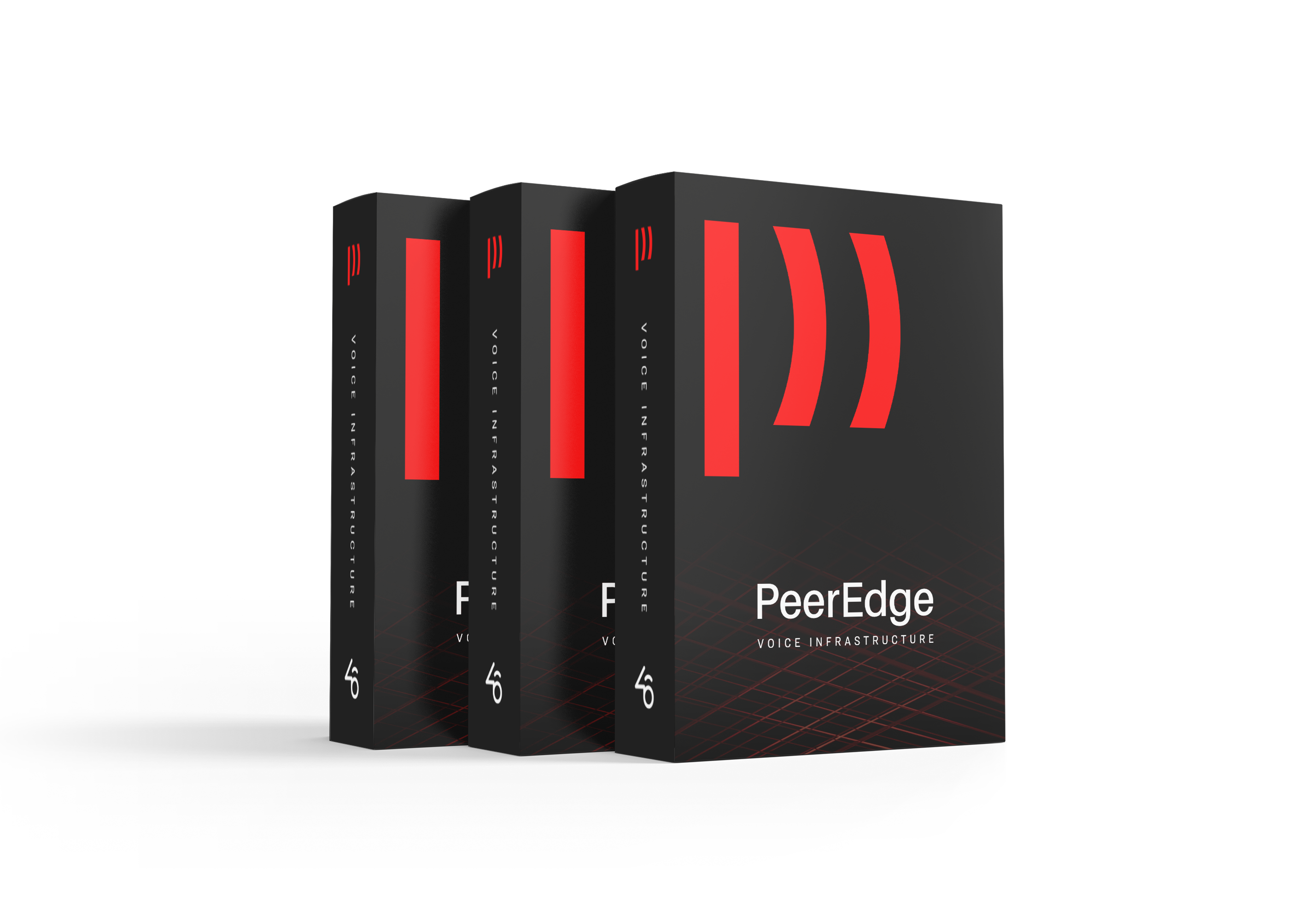 Three black software boxes with red design and text reading PeerEdge Voice Infrastructure.