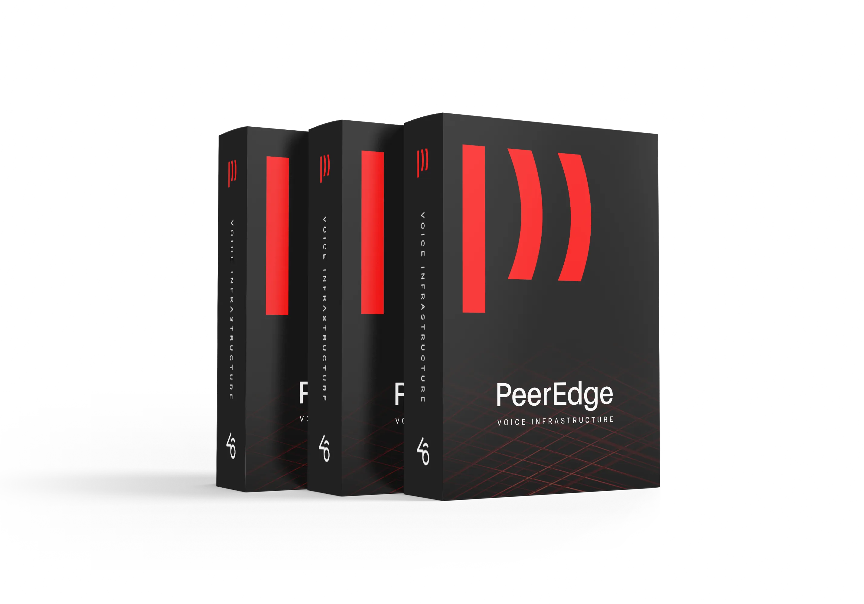 Three black software boxes with red design and text reading PeerEdge Voice Infrastructure.