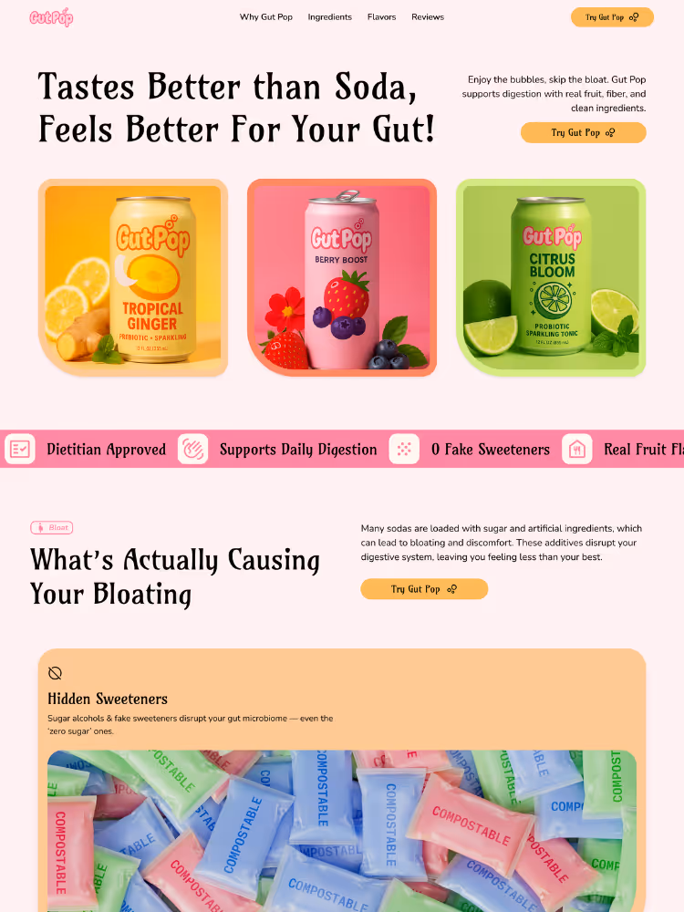 E-commerce landing page design for a prebiotic gut-friendly soda brand, named Gut Pop