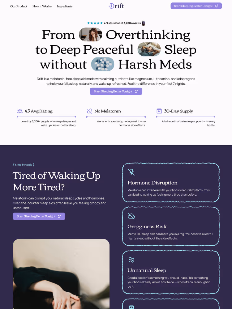 E-commerce landing page design for a sleep supplement brand, named Drift
