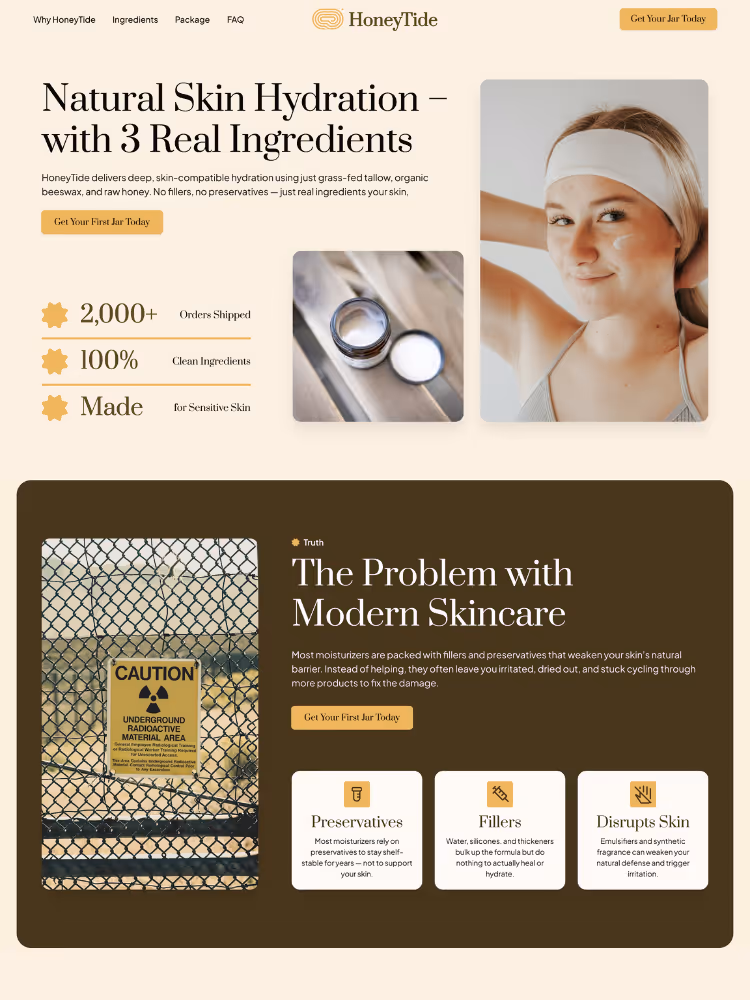 E-commerce landing page design for a beef tallow moisturizer & skincare brand, named HoneyTide