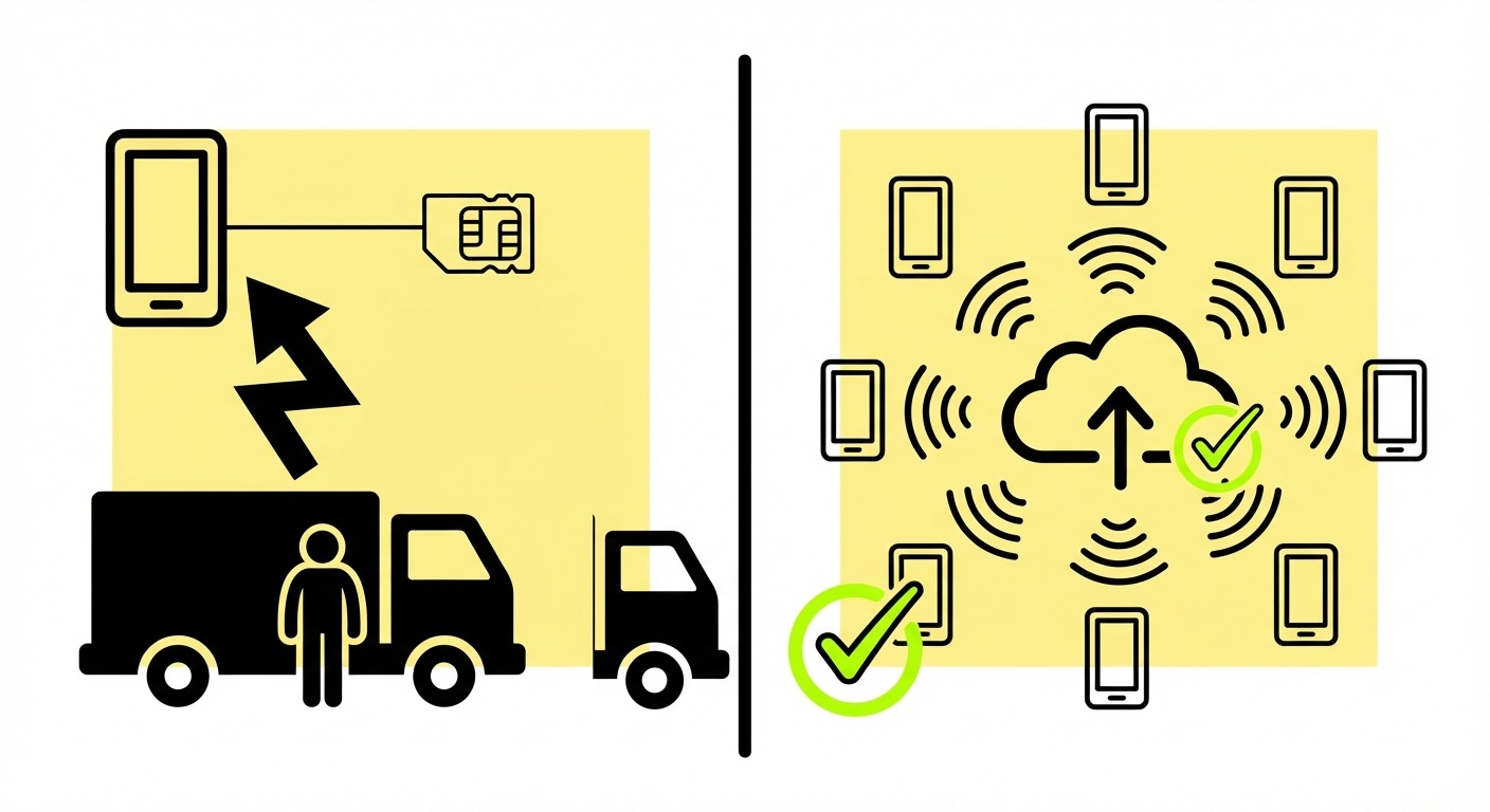 Minimalistic diagram illustrating lifecycle cost comparison between physical SIM, eSIM and iSIM, highlighting manufacturing, maintenance and carrier independence factors.