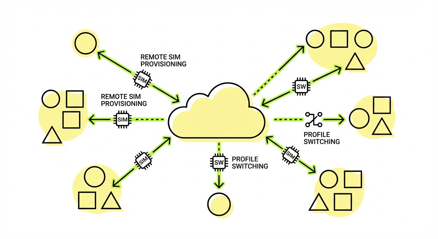 Minimal graphic showing an IoT device fleet being remotely managed over the air, symbolizing eSIM remote SIM provisioning and centralized connectivity control.