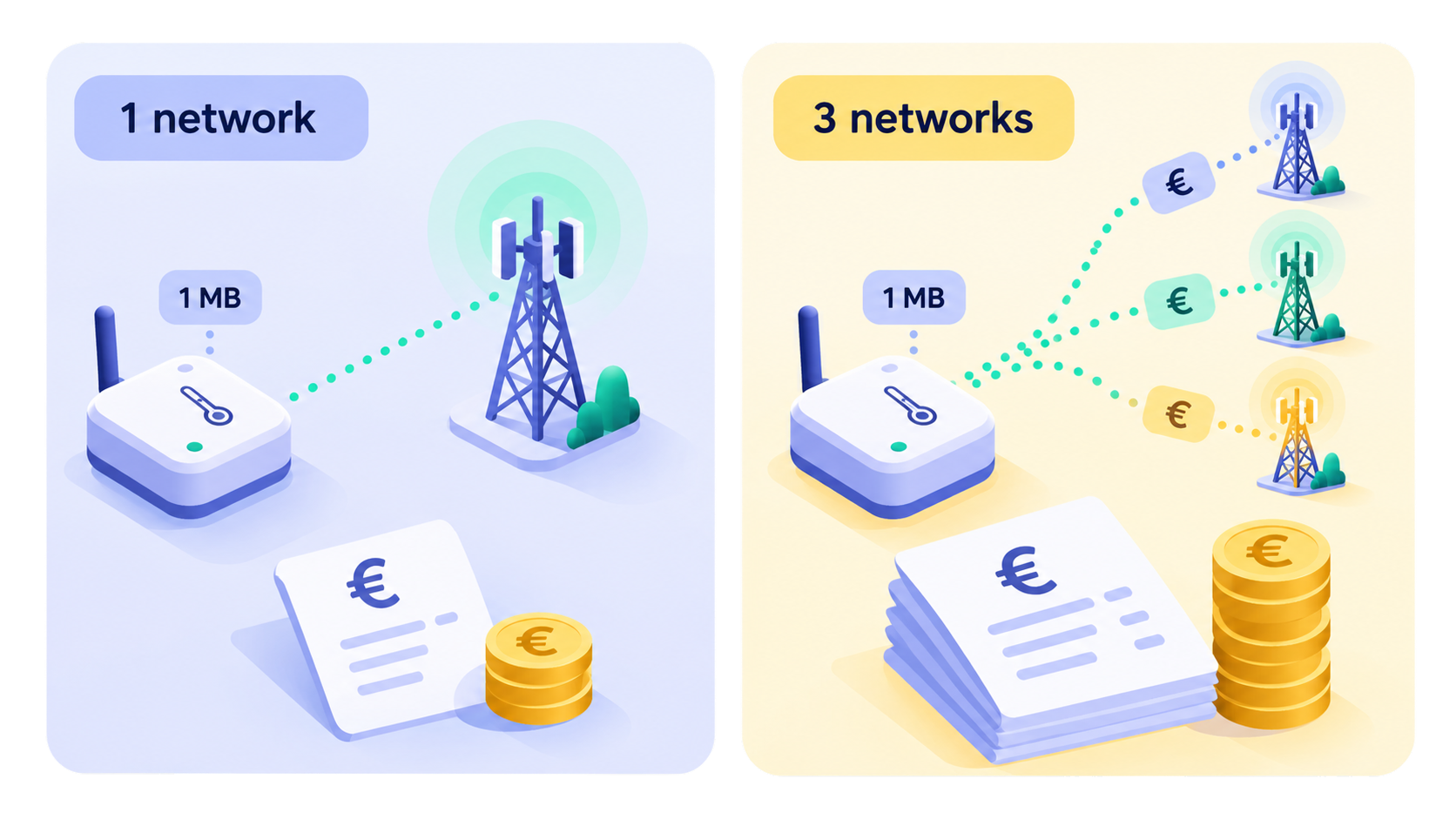 Illustration comparing the same IoT device using 1 MB of data on one network versus three networks, showing how multiple access fees can increase connectivity costs.