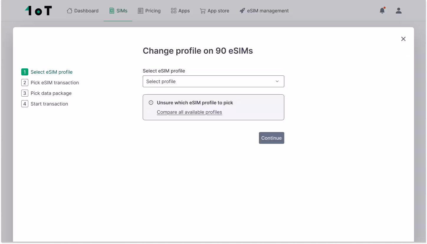 Selecting an eSIM profile in 1oT Terminal with an optional telecom profile comparison