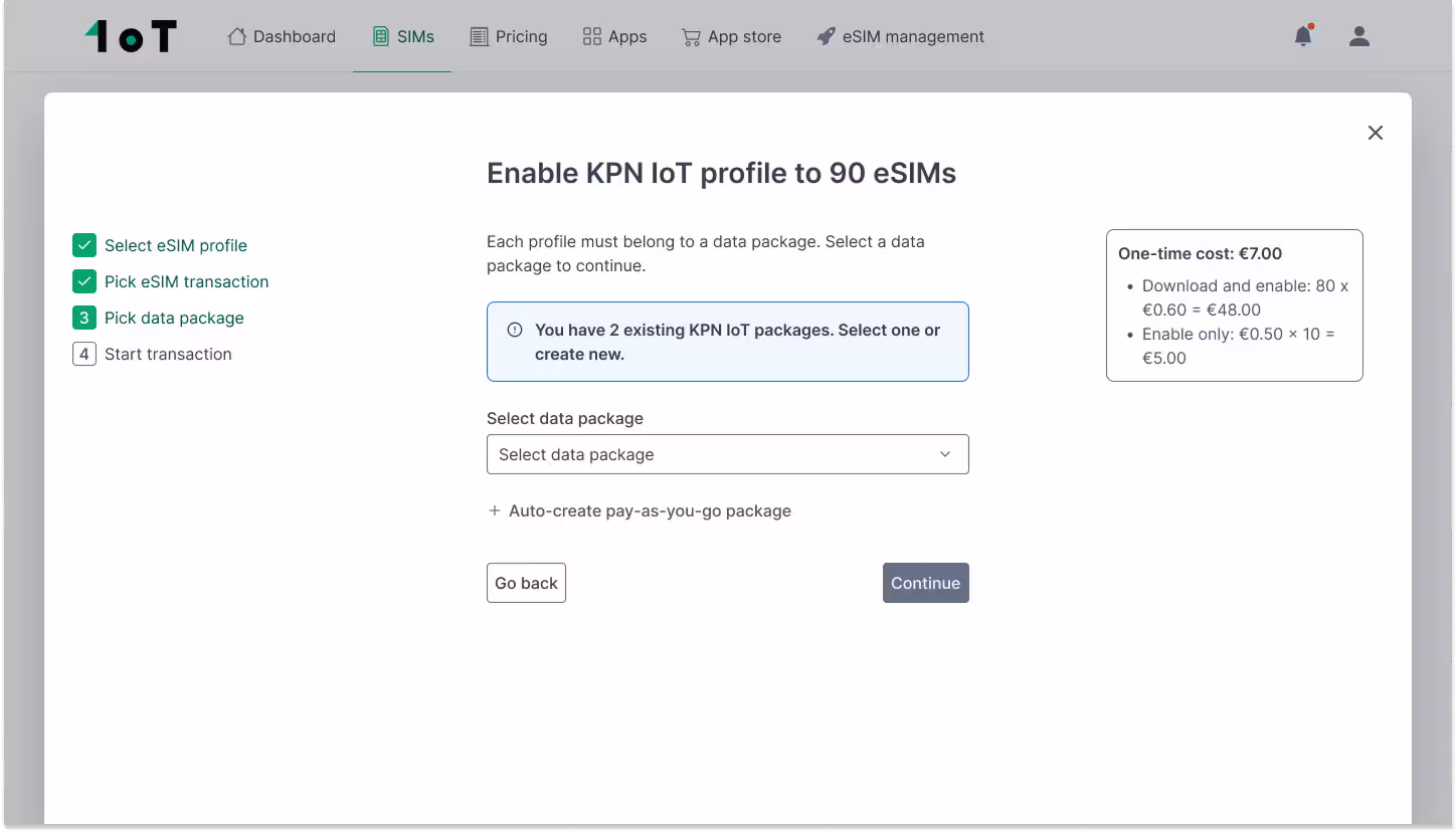 Selecting an existing data package or creating a new one during an eSIM transaction