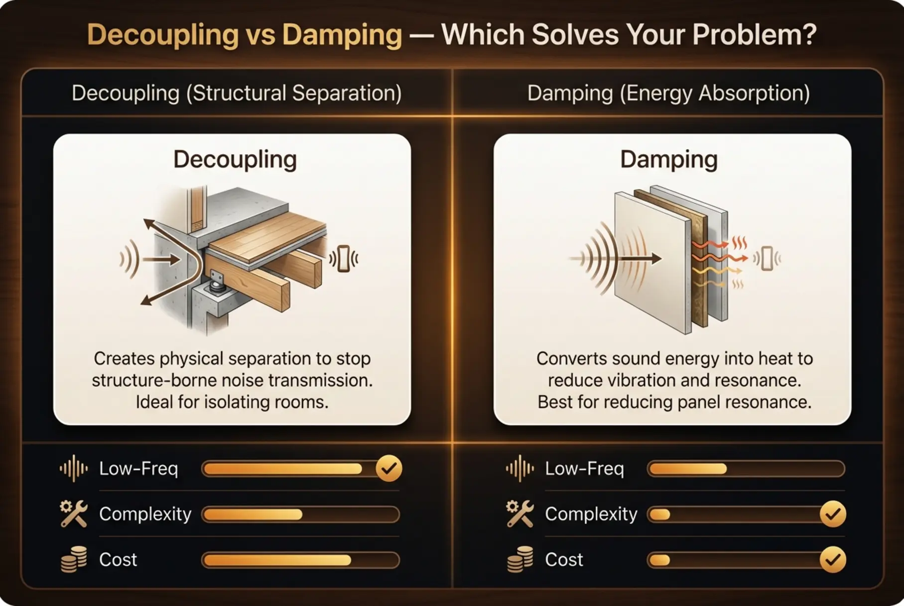 Caption for Image 3: STC decision tiles translate benchmarks into use‑case recommendations, helping buyers choose appropriate soundproofing targets for premium AV rooms.