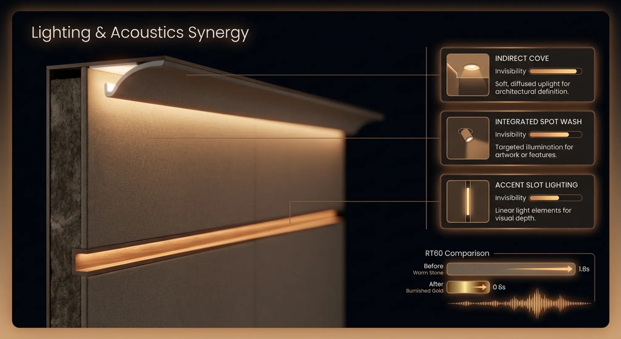 Caption for Image 3: Show how subtle lighting choices reduce RT60 and hide acoustic systems—practical strategies for integrating LEDs into treated walls and ceilings.