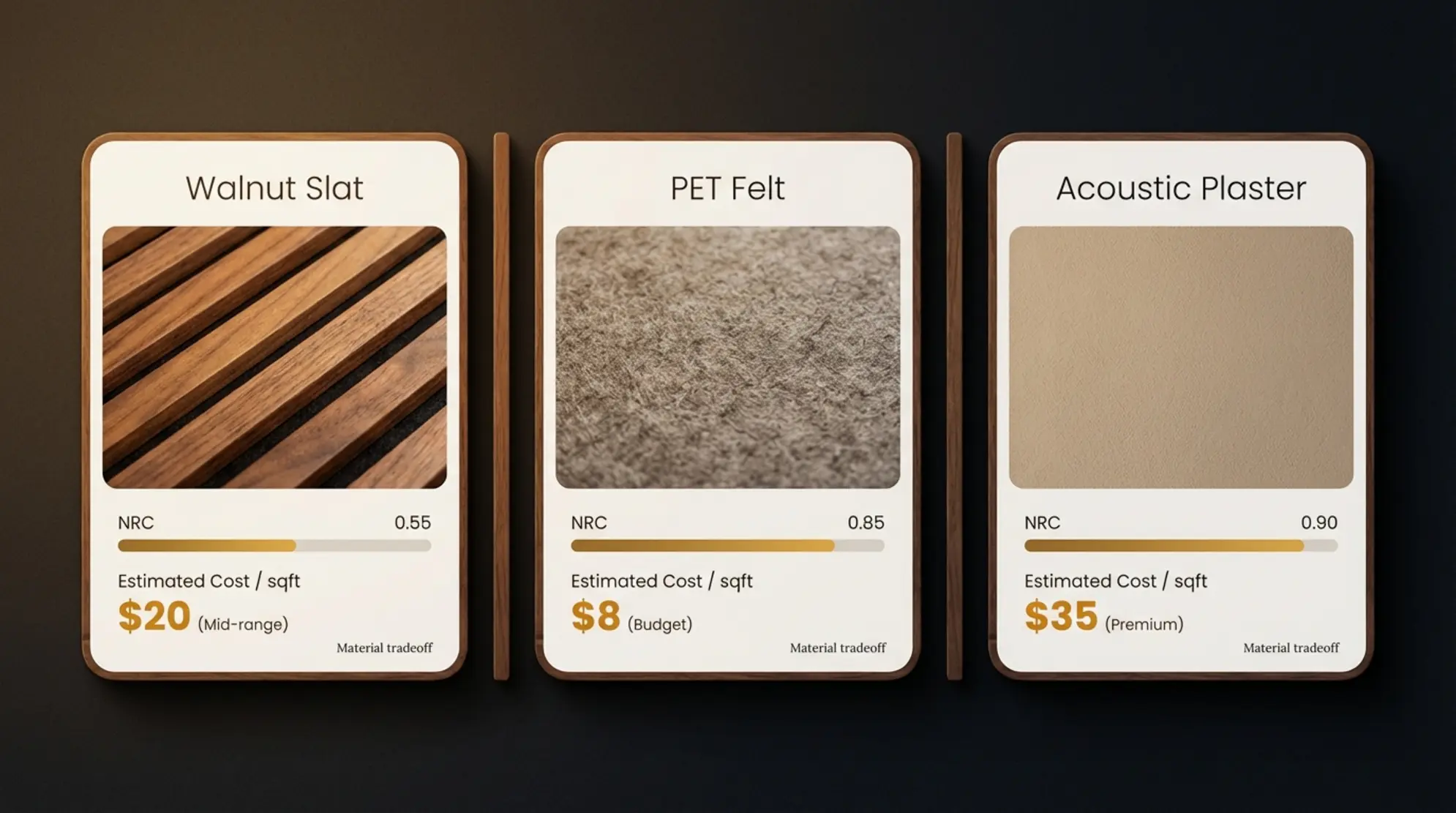 Caption for Image 1: Compare NRC, visual finish, and cost-per-square-foot across three luxury acoustic solutions to choose the right balance of performance and aesthetics.