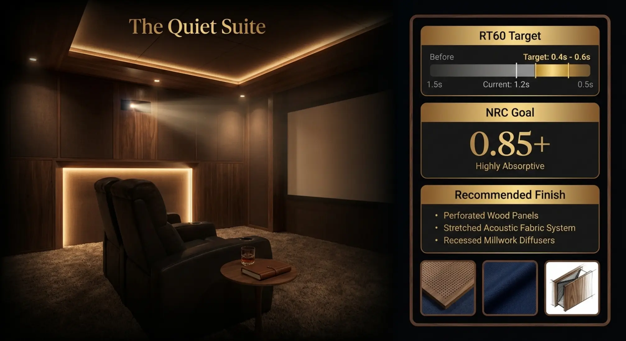 Caption for Image 4: A room-specific blueprint: atmospheric visualization paired with clear RT60 and NRC metrics to accelerate specification and procurement decisions.