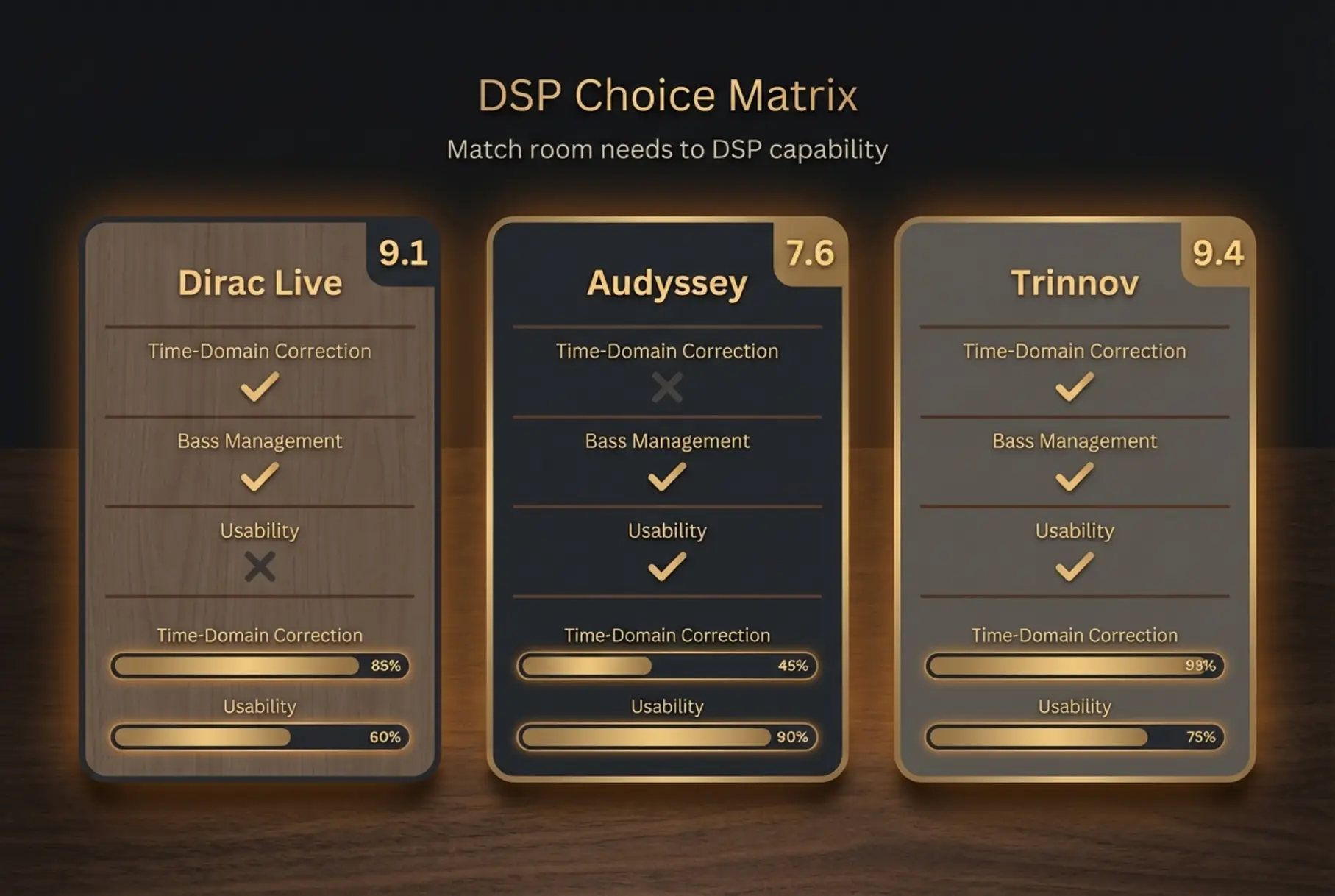 Caption for Image 1: Side-by-side comparison that clarifies which DSP aligns with your room goals — quick scores and capability bars make tradeoffs obvious at a glance.