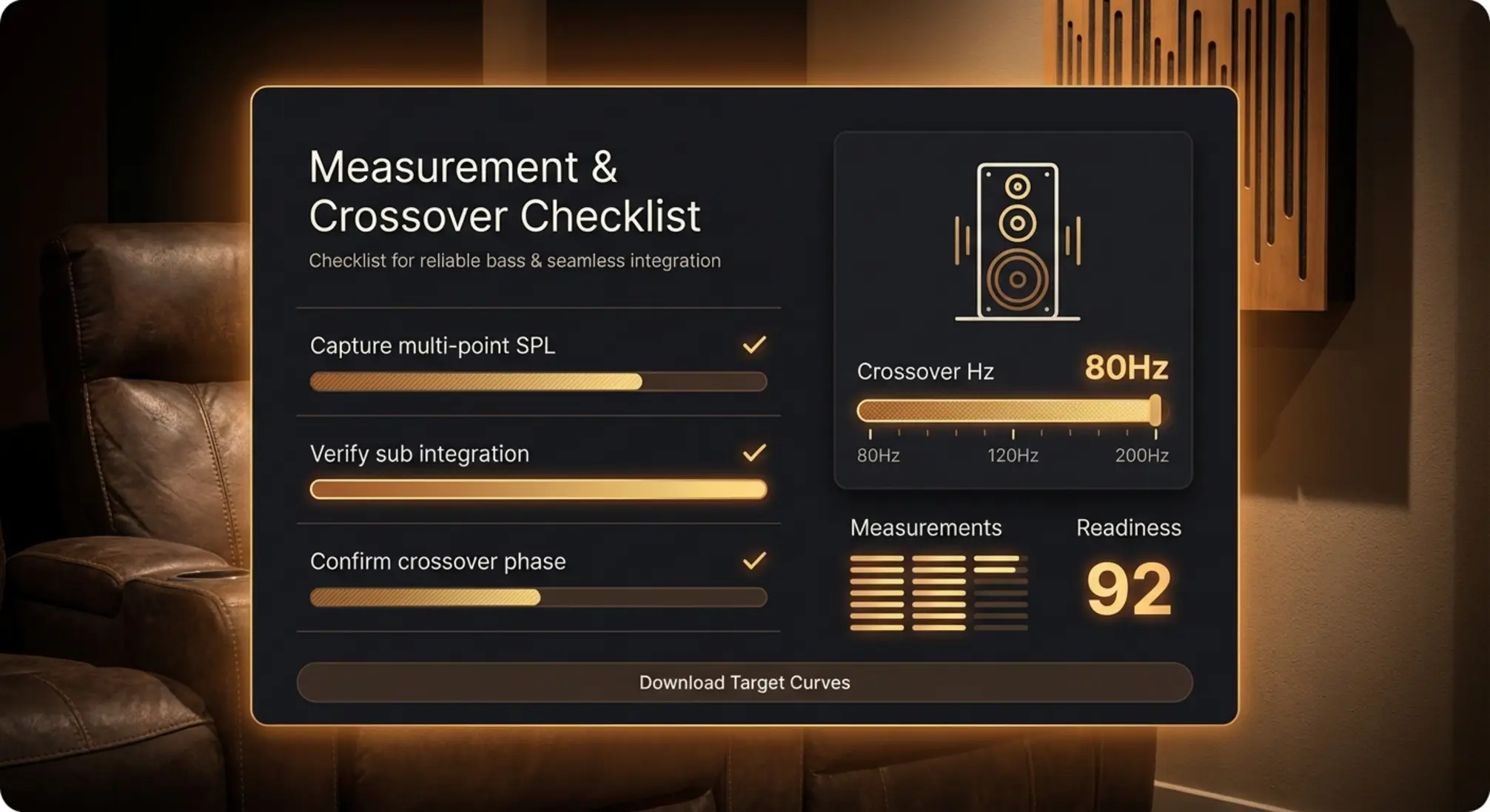 Caption for Image 4: A practical measurement checklist and crossover slider to build confidence in speaker integration — quick checks and a readiness score to guide the next steps.