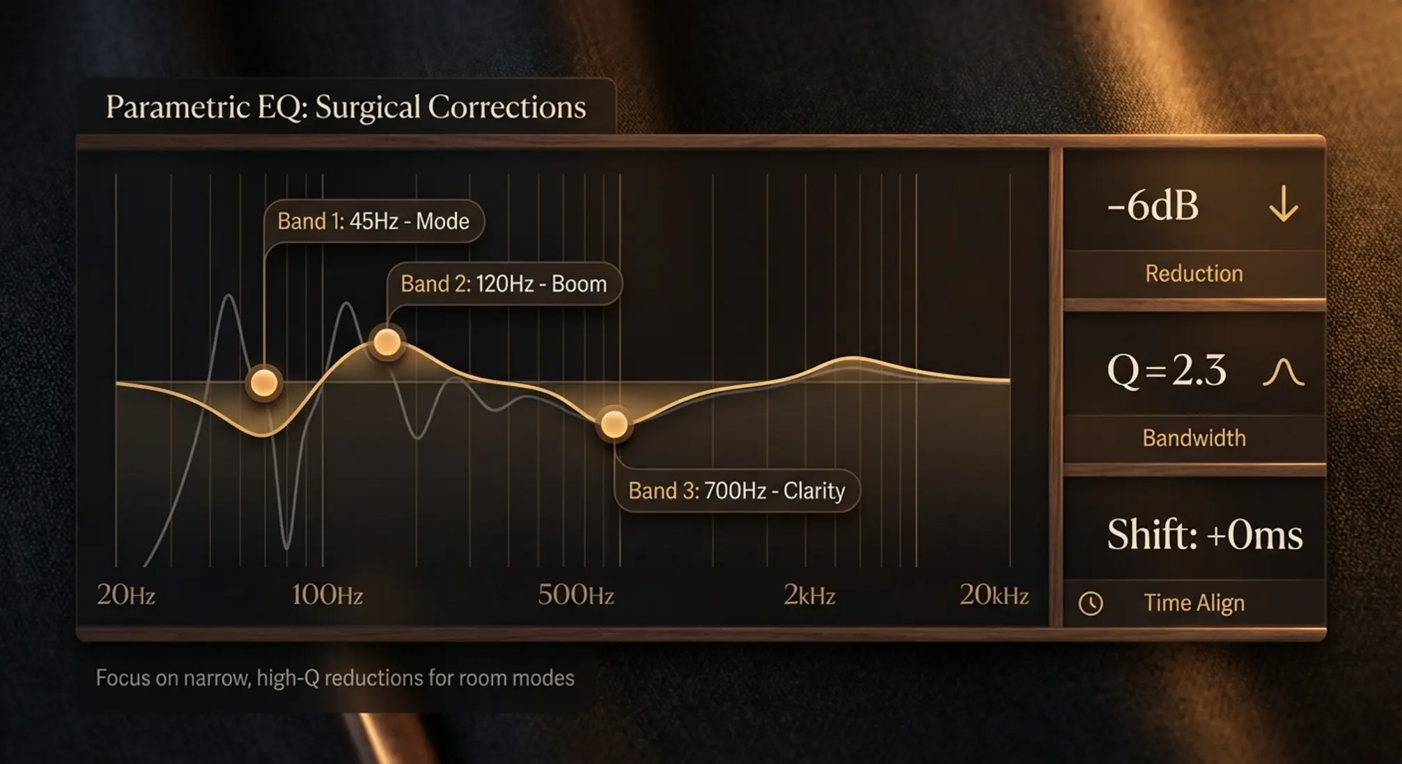 Caption for Image 3: A focused parametric EQ diagram that reframes manual EQ as a precision tool — see which bands to target and why for cleaner bass and clarity.