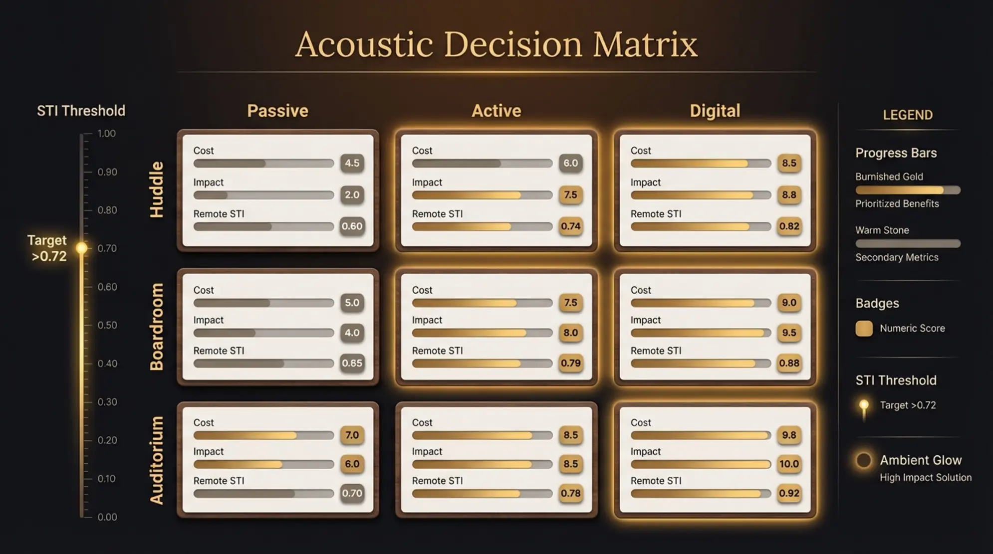 Caption for Image 1: A refined Decision Matrix that tiers acoustic strategies by room type and user load—quickly compare cost, impact, and remote STI to pick the right solution.