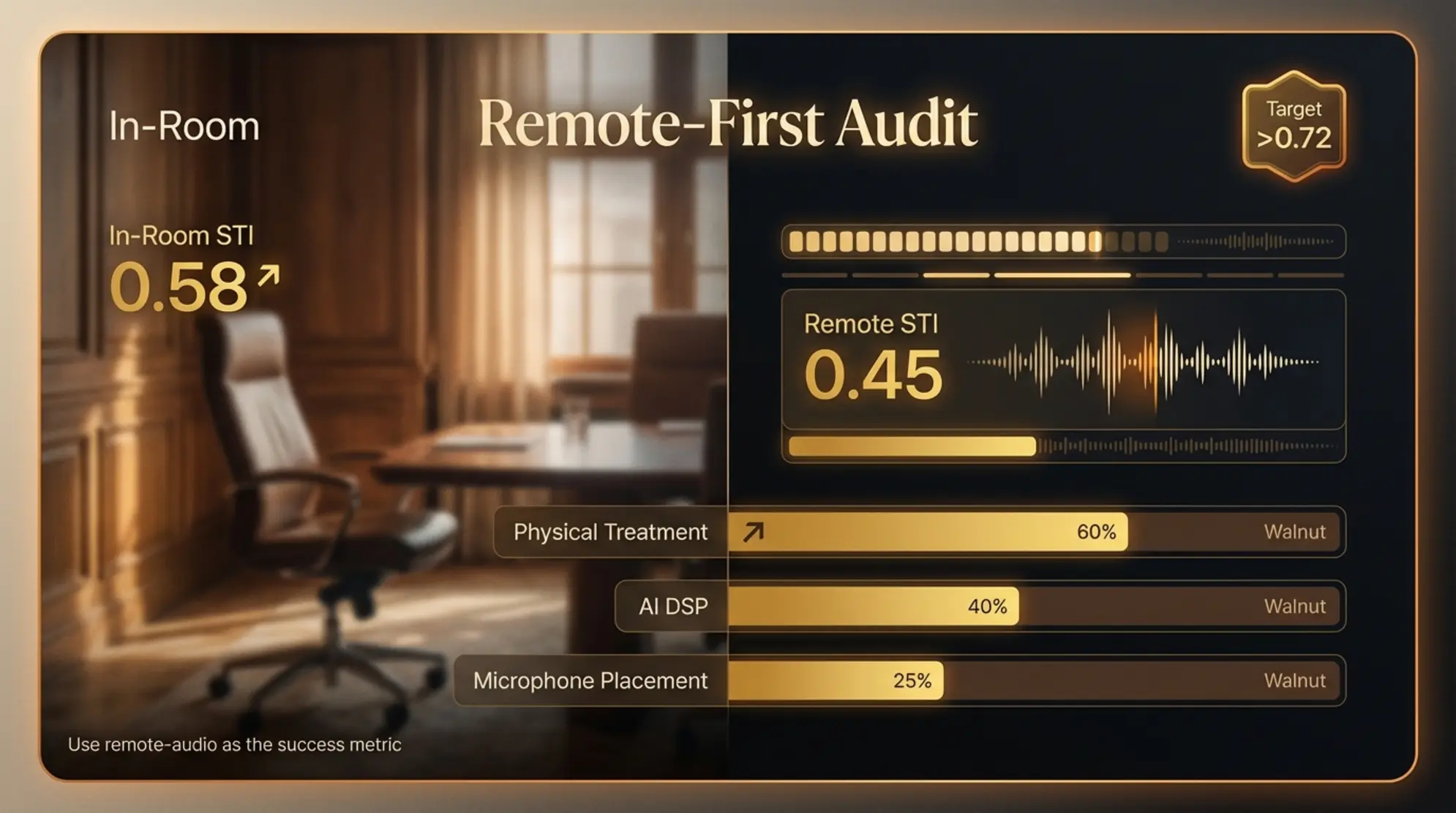 Caption for Image 2: A Remote-First Audit visual that contrasts in-room and far-end STI, highlighting targeted interventions (AI DSP, mic placement, treatment) to achieve meeting equity.