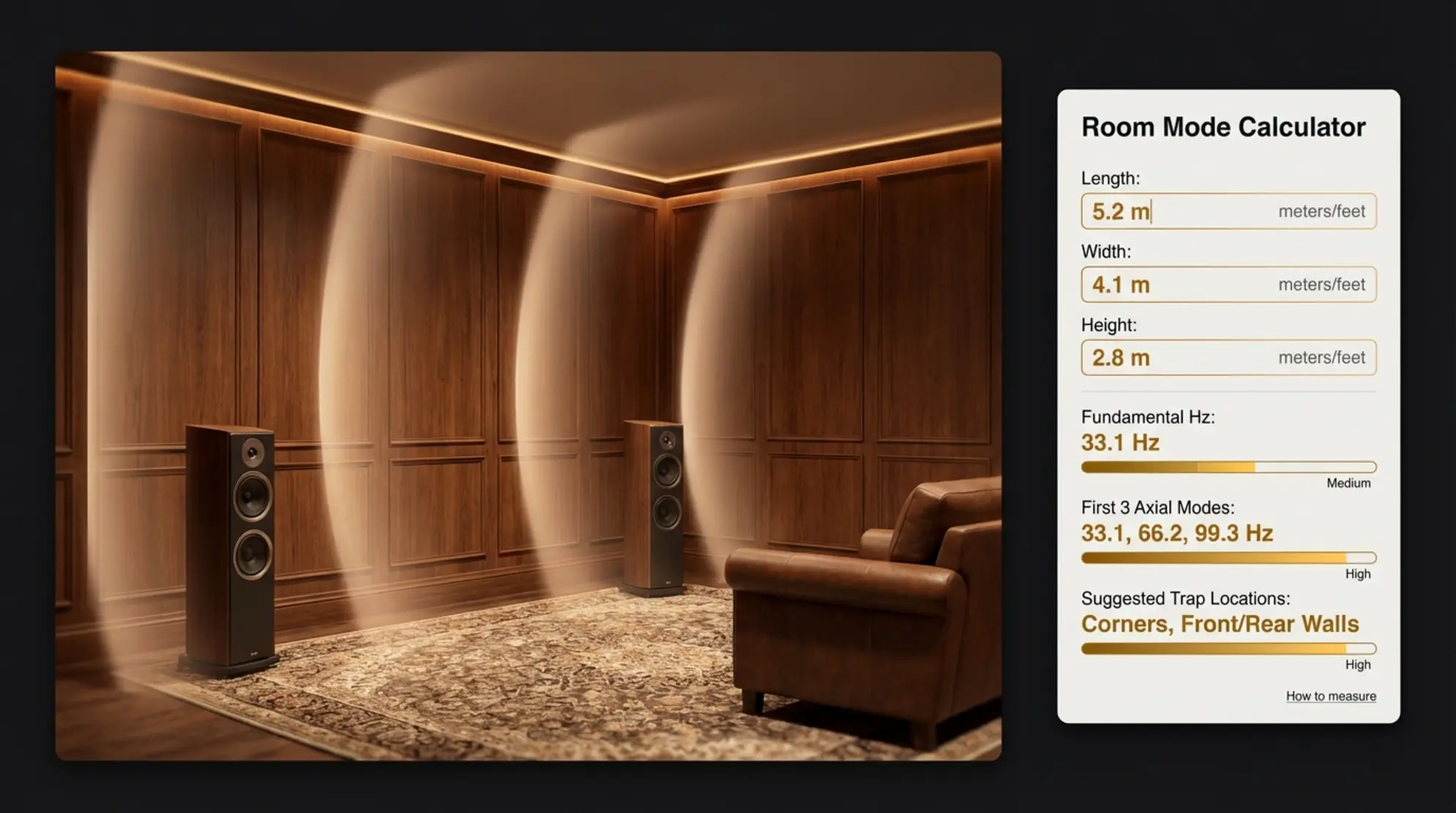 Caption for Image 2: A visual room-mode calculator that turns room dimensions into axial frequencies and treatment recommendations, helping readers decide where and what type of bass control is needed.
