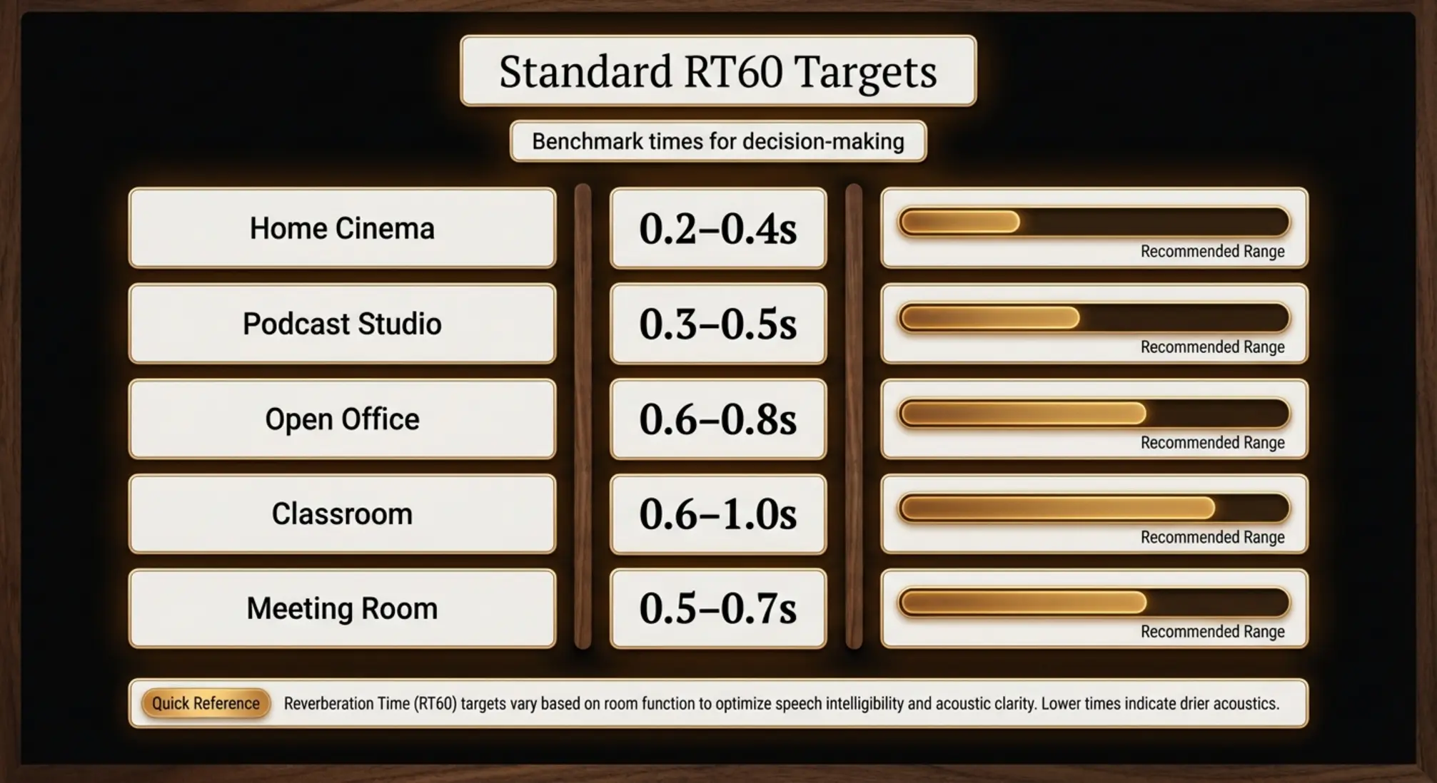 Caption for Image 1: A concise RT60 reference: quick, room-specific reverberation targets to evaluate acoustic performance and plan treatment strategies.