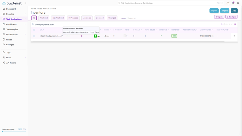 The Web Applications Inventory with the new Auth column, and a tooltip reading "Authentication methods detected: Login Form".
