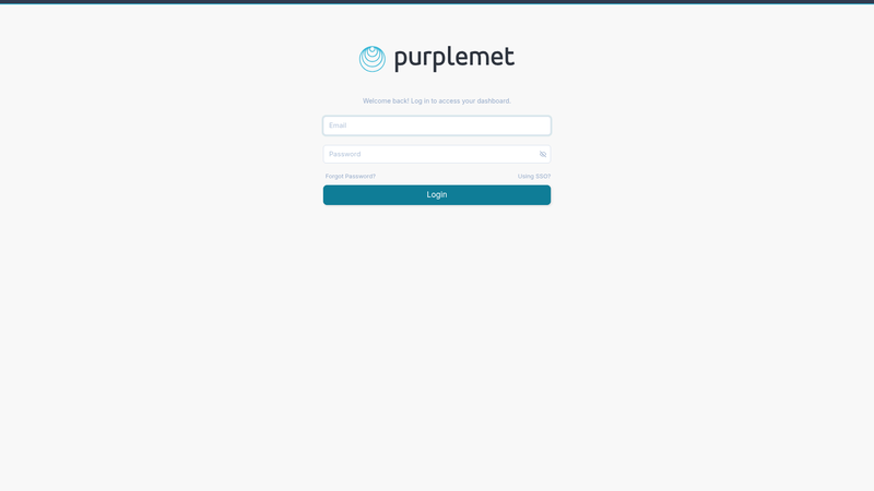 The login page of cloud.purplemet.com, showing an email and password authentication form.