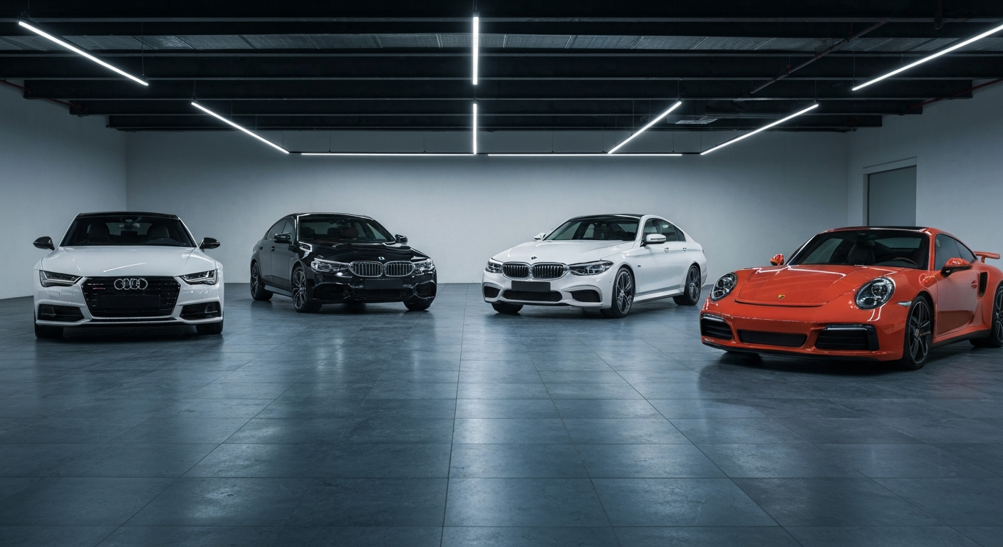Visuel éditorial leasing premium Joinsteer : Leasing voiture allemande : LLD Audi, BMW, Mercedes, Porsche en 2026